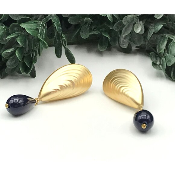 Vintage Gold & Navy Teardrop Clip-On Earrings - Picture 7 of 7